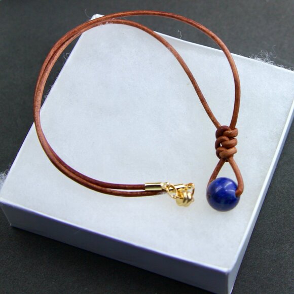 Blue Lapis Lazuli Gemstone on Quality Hand Knotted Soft Brown Leather Necklace - Picture 2 of 7